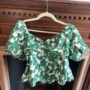 English Factory Floral Green Women's Top Puff Sleeve Medium